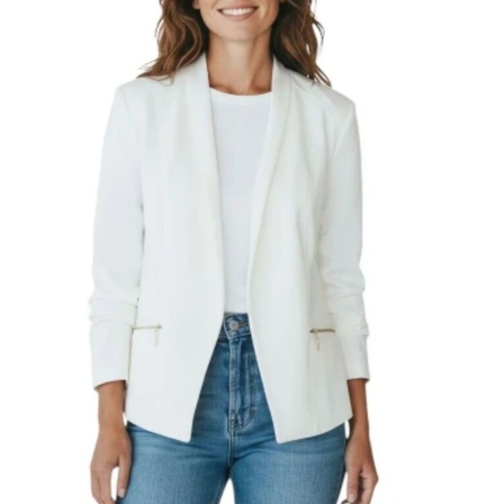 Chicos Off White Zip Pockets Long Sleeve Open Front Blazer - NWT